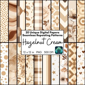 Conjunto de papel digital creme avelã, padrão de repetição sem costura marrom neutro, páginas PNG imprimíveis para scrapbook, geométrico, chevron, floral