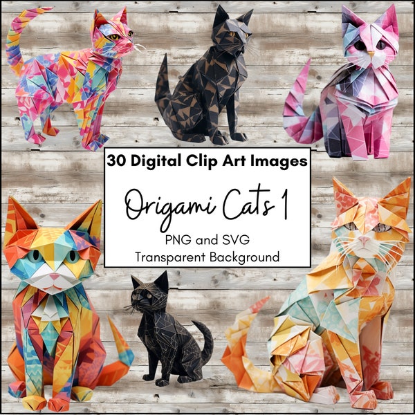 Origami Folded Cat Digital Clipart Pack, PNG and SVG Printable for Scrapbooking, Card Making, Sticker, Decoupage, Patterned Paper, Kitten