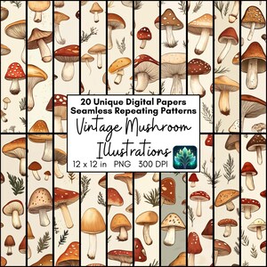 Vintage paddestoel illustratieve digitale papierset, afbeeldingen van schimmels naadloos herhalend patroon, PNG-bestanden voor scrapbooking, bestanden thuis afdrukken
