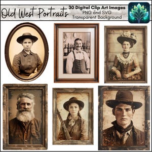Velho Oeste Americano Digital Clip Art Vintage Western Foto Clipart Imprimível Sépia Colorido Retratos em Miniatura Arquivos PNG e SVG Rancher