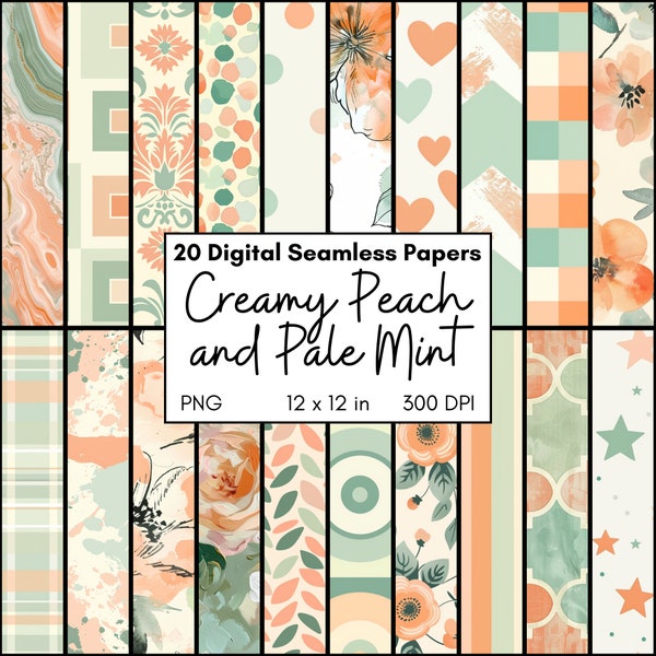 Creamy Peach and Pale Mint Digital Paper Pack, Seamless Repeating Pattern PNG, Stripe, Watercolor Floral, Decorative Paper, Scrapbooking