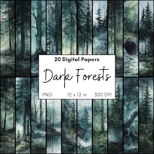 Pack de papier numérique forêt aquarelle hantée sombre, brumeux pressentiment bois imprimable Pages PNG, scène extérieure de nuit noire, scrapbooking