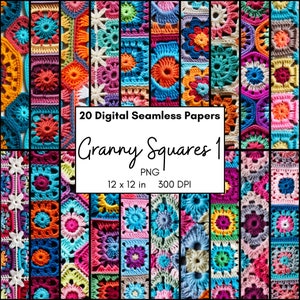 Crochet Grandma Squares Digital Paper Pack, Nahtlos sich wiederholende Musterbilder, Hintergrundseiten für Fibre Art Posts, Journal, Scrapbook, PNG