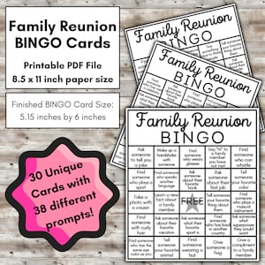 Divertido juego de bingo de búsqueda del tesoro para reuniones familiares. Descarga inmediata en PDF imprimible para fiestas de verano. Rompehielos fácil para reuniones.