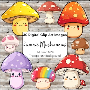 Funghi Kawaii felici Clip Art digitale, Funghi sorridenti luminosi ispirati agli anime Clipart, PNG e SVG, Scrapbooking, Junk Journal, Arcobaleno