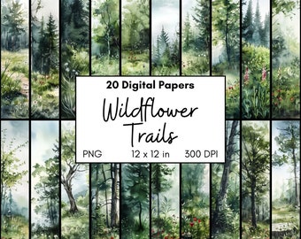 Wildflower Trails Digital Paper Pack, Enchanted Forest Wild Flower Hike Printable Pages, Watercolor Trees, Outdoor Scene, Scrapbook, Collage