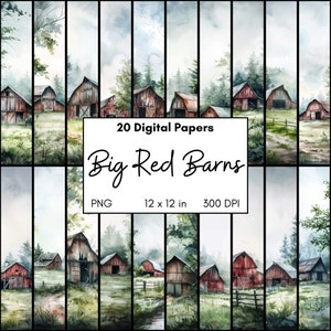 Oude grote rode schuren aquarel landschappen digitaal papierpakket, buitenlandscène met mistige bossen, afdrukbare bospagina's voor plakboek