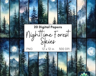 Watercolor Night Forest Digital Paper: Starry Skies, Camping Scenes (PNG, 12x12 inch)