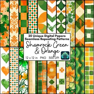 Digitales Papierpaket mit Kleeblatt, nahtlos wiederholendes Muster, Druck zu Hause PNG für St. Patrick's Day Party, Einladung, Scrapbook