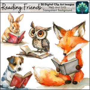 Digitales Clip Art Bundle, Nationaler Lesemonat, niedliche Aquarell-Tierbabys, SVG und PNG zum Ausdrucken für Scrapbook, Kinderzimmer, Bibliothek, Dekor