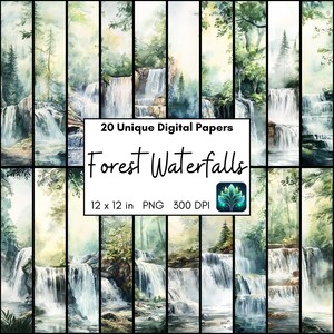 Papel digital de cascadas forestales, paisajes únicos en acuarela, pinos o entornos tropicales, PNG imprimibles para scrapbooking y creación de tarjetas.