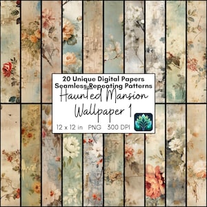 Bundle de papier numérique délavé vieux papier peint, pages PNG imprimables pour maison de poupée ou diorama, motif répétitif sans couture floral, roses vintage