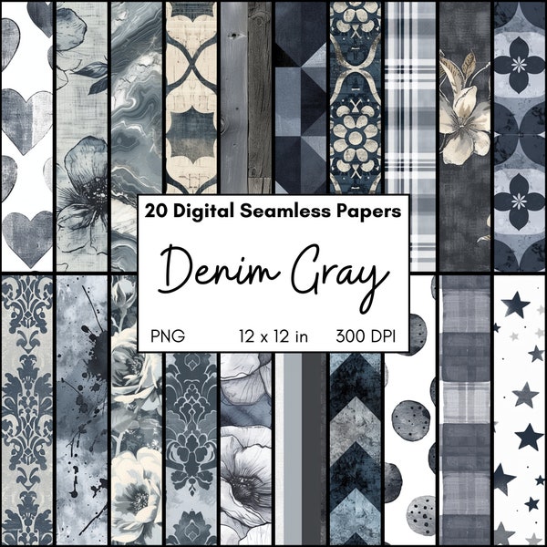 Denim Gray Digital Paper Bundle, Seamless Repeating PNG, Print at Home, Floral, Polka Dot, Damask, Chevron, Stripes, Barnwood, Retro Circles