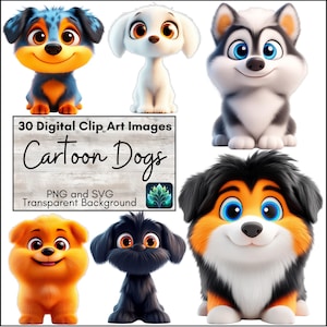 Digital Clip Art Set Fluffy Dogs, Fun Puppy Images, Cute Cartoon Decor, Printable PNG and SVG Files for Invites, Scrapbook, Children's Party
