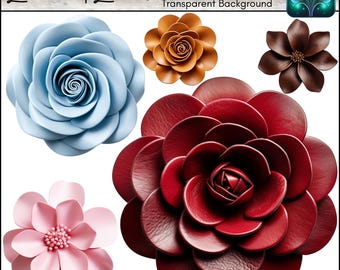 Leather Flowers Digital Clip Art, Country Wedding Western Clipart, Floral Clipart Image Set PNG and SVG, Realistic Texture Digital Scrapbook