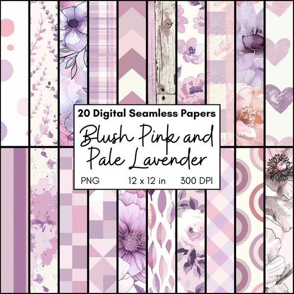 Digital Paper Bundle Light Blush Pink and Pale Lavender, Seamless Repeating Computer Wallpaper PNG, Print at Home Stripe, Polka Dot, Floral