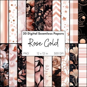 Rose Gold Digital Paper Pack, Seamless Pattern Digital Background, Printable PNG Pages for Scrapbook, Wedding, Baby Shower, Damask, Floral