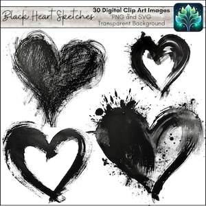 Imágenes prediseñadas de bocetos de tinta de corazón negro, silueta simple punk áspera, PNG y SVG imprimibles para hacer álbumes de recortes, tarjetas, manualidades de San Valentín, amor