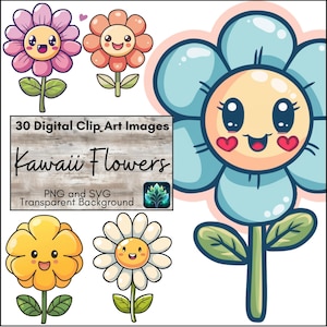 Ensemble de clipart numérique fleur kawaii mignon, illustration de dessin animé amusant Clipart floral Anime, PNG et SVG pour album numérique, couleurs pastel clair