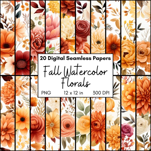 Watercolor Floral Digital Paper Pack, Seamless Repeating Pattern Fall Flowers, Digital Scrapbooking, Computer Background,  Orange, Peach