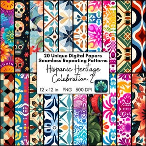 Set di carta digitale per il mese nazionale del patrimonio ispanico Pagine stampabili per feste di scrapbooking Papel Picado, piastrelle Zellige, teschio di zucchero, pappagallo