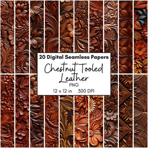 May include: 20 digital seamless papers of chestnut tooled leather in brown, orange, and gold tones. The papers are 12 x 12 inches and 300 DPI.