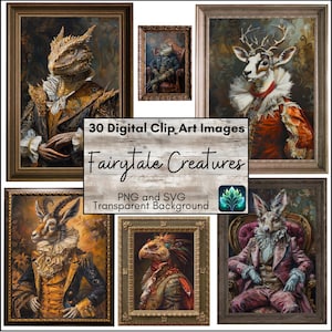 Creature da favola, dipinto a olio vittoriano, ritratto incorniciato di animale mitologico in miniatura, clipart stampabile per casa delle bambole, clipart PNG e SVG