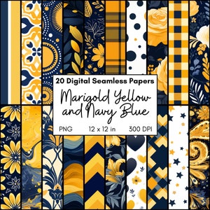 Papier numérique, motif répétitif sans couture, fleurs jaune souci, pois bleu marine, rayures, carreaux écossais, marbre, motif abstrait, aquarelle