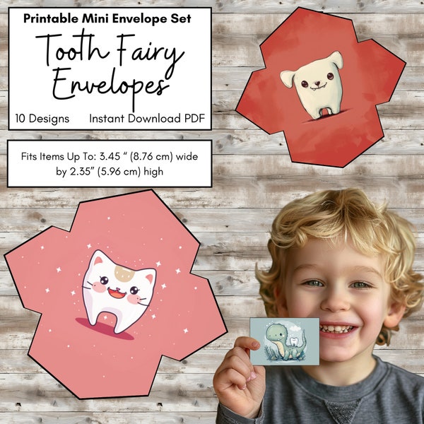 Mini Envelope Tooth Fairy Letter or Receipt, Kids Teeth Holder, Small Print at Home PDF, Pocket Size Cash Gift, Cute Illustration, Blue, Red