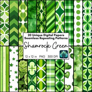 Digitales Papier-Bundle mit Kleeblatt, nahtlos wiederholender gemusterter Seiten für St. Patrick's Day, lustige druckbare PNGs für Scrapbook und Kartenherstellung