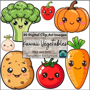 Imágenes prediseñadas digitales de verduras kawaii, divertidas imágenes prediseñadas de verduras inspiradas en el anime, linda comida alegre, productos agrícolas de verano del mercado, álbumes de recortes, PNG, SVG