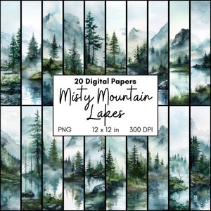Misty Mountain Lake Art digitaal papierpakket, aquarel mistige buitenscène, sereen meer met betoverd bos, scrapbookpagina, decoupage