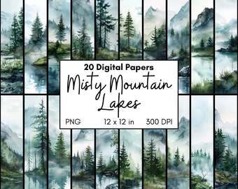 Misty Mountain Lake Art Digital Paper Pack, Watercolor Foggy Outdoor Scene, Serene Lake with Enchanted Forest, Scrapbooking Page, Decoupage