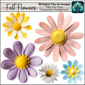 フェルトの花のデジタルクリップアート画像、スクラップブック、コラージュ、デコパージュ、イースターデイジーの黄色、白、青、藤色に印刷可能なパステル春色