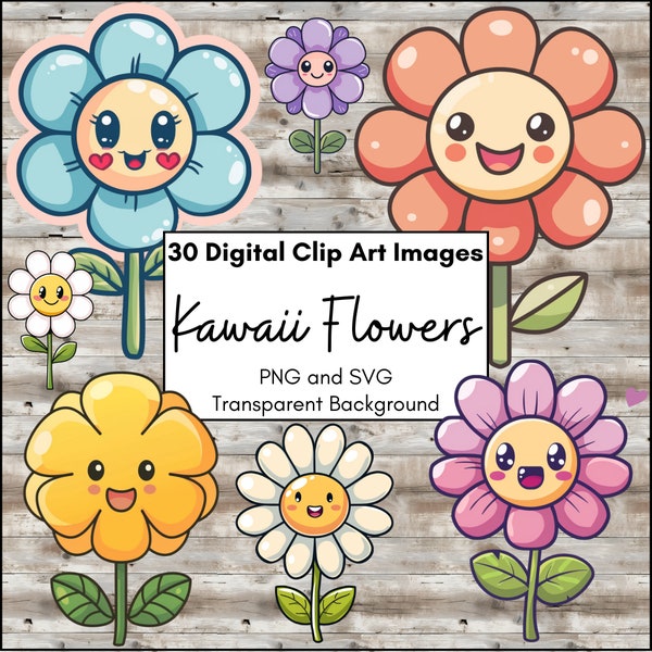 Niedliches Kawaii Blumen Digital Clip Art Set, lustige Cartoon Illustration Anime Blumen Clipart, PNG und SVG für digitales Scrapbook, helle Pastellfarben