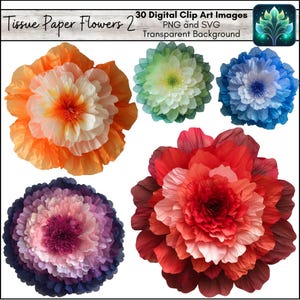 Imágenes prediseñadas PNG y SVG de flores de papel de seda grandes, utilería fotográfica digital realista, imágenes prediseñadas para imprimir en casa para álbumes de recortes, creación de tarjetas y fiestas