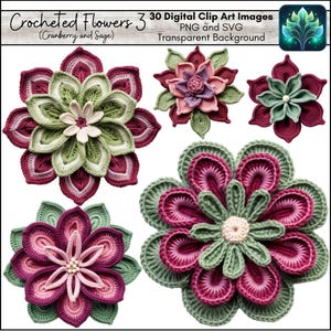 Cranberry und Sage Grün Digital Clip Art Realistische Textur 3D Häkelblume PNG & SVG Datei für Scrapbooking Card Making Print zu Hause