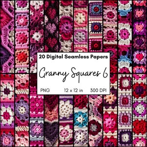 Paquet de papier numérique coeurs grand-mère au crochet pour la Saint-Valentin, images de motif répétitif sans couture, pages d'arrière-plan pour articles d'art sur fibre, PNG