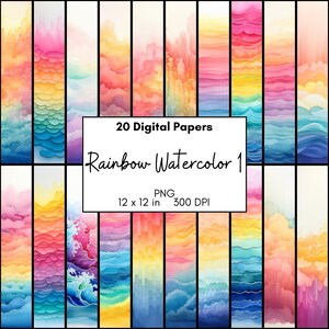 Pacote de papel digital aquarela com efeito ombré arco-íris, página de scrapbook colorida, fundo de papel de parede, PNG para impressão para criação de cartões, colagem