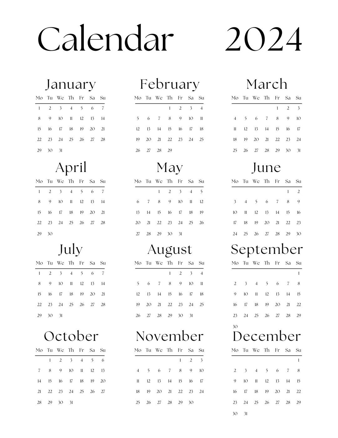 2024 Calendar Classy Design, Perfect for 2024 Etsy