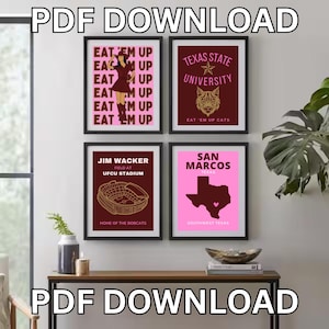 Op de afbeelding: Vier ingelijste wandposters met thema's van de Texas State University. Eén toont een persoon met een cowboyhoed en de tekst EAT 'EM UP. Een andere toont een lynx-afbeelding met TEXAS STATE UNIVERSITY. Een derde toont een stadion met het label JIM WACKER FIELD AT UFCU STADIUM. De vierde toont een kaart van Texas met SAN MARCOS.
