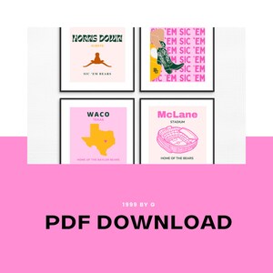 May include: Four framed art prints with a pink and white background. Each print features a different design, including text and illustrations related to a university. The bottom of the image reads "PDF DOWNLOAD".