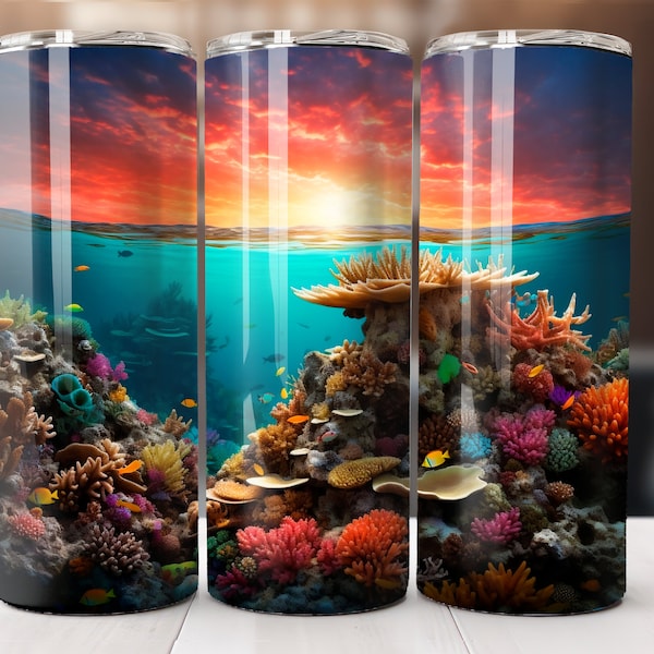 3D Coral Reef Summer Tumbler, Sublimation Png , Straight Skinny 20 oz Tumbler Wrap, Commercial Use, Digital Download