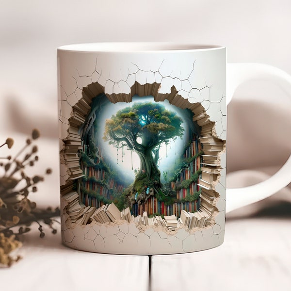 3D Cracked Wall Books Mug Wrap 11oz and 15oz Sublimation Design, Instant Digital Download PNG Book Lover Mug