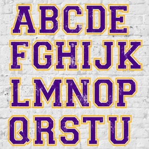 May include: A distressed purple and gold alphabet set with the letters A through Z, punctuation marks, and a sweatshirt with the letter "L". The text "Distressed Alphabet PNG files" and "Purple & Gold" are also visible.