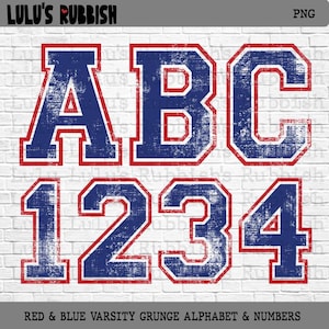 May include: A distressed red and blue varsity alphabet and numbers design. The image shows the letters ABC and numbers 1234 in a vintage style. The letters and numbers are blue with a red outline, set against a white brick wall background.