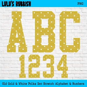 May include: A digital graphic featuring the letters A, B, and C followed by the numbers 1, 2, 3, and 4 in a bold, block-style font. Each character is colored gold and decorated with a repeating pattern of small, white polka dots throughout.