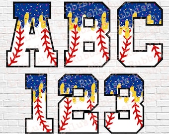 Alphabet de baseball PNG : police de caractères Ice Cream Drip, lettres bleues et jaunes (téléchargement numérique