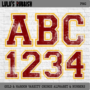 May include: Maroon and gold varsity grunge alphabet and numbers, including ABC and 1234, on a white brick background. The letters and numbers have a distressed, vintage look. The text "Lulu's Rubbish" is at the top.
