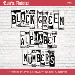 Black & White License Plate Alphabet, Grunge Alphabet, Sublimation, Clipart Mix Match Letters